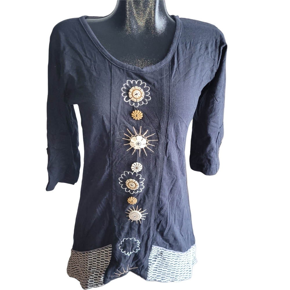 Leopards And Roses Embroidered Button Lagenlook Black Cropped Sleeve Tunic S
